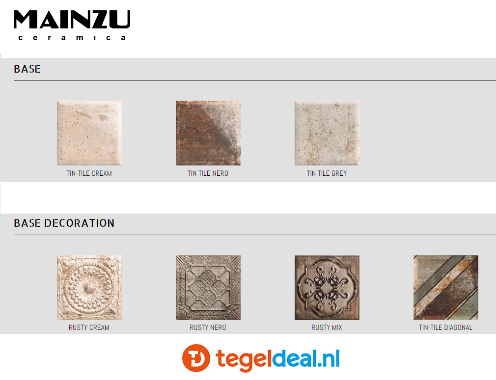 Mainzu, Tin Tile en Rusty,  20x20 cm, reliëf wandtegels 