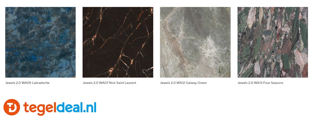 Mirage Jewels 2.0, maar liefst 20! tinten marmerlook wand- en vloertegels v.a. €35,00/m2, 60x60 cm, 60x120 cm, 120x120 cm