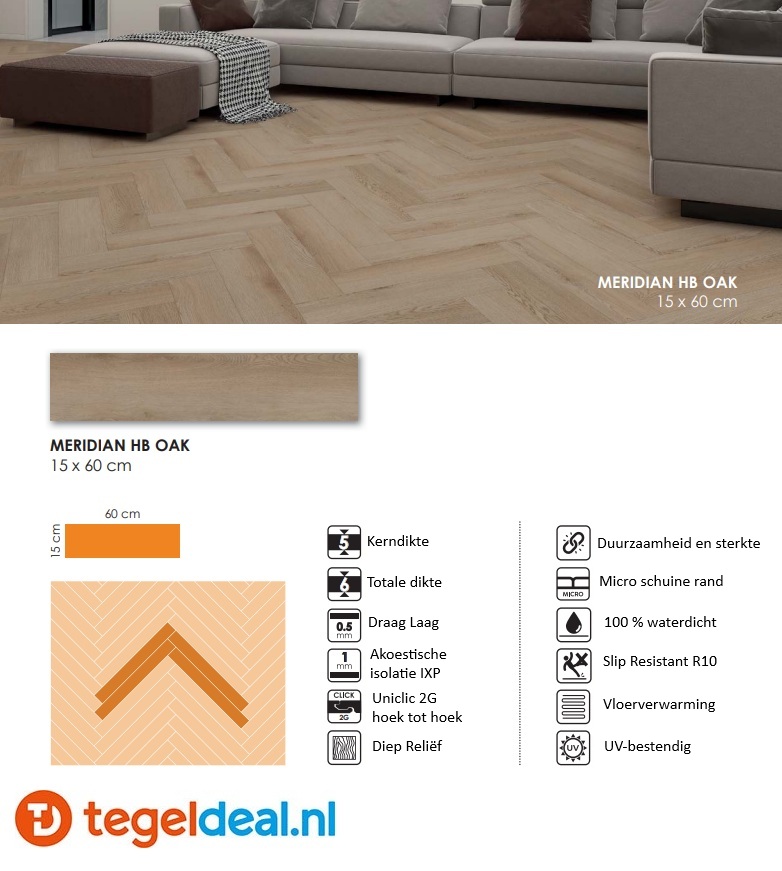 MERIDIAN HB OAK Plank, 15x60x0,6 cm, Rigid SPC Click Vloer  