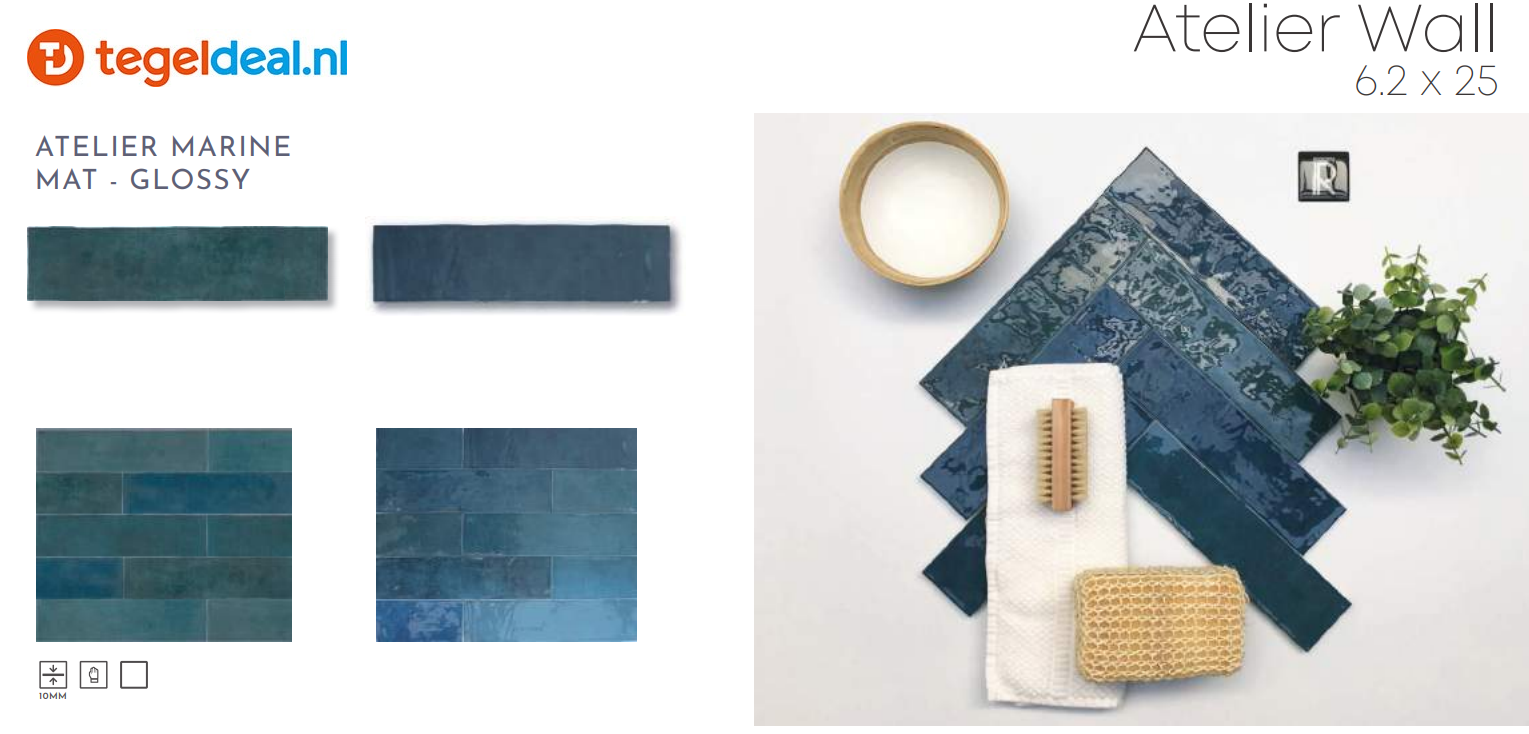 Revoir Paris, Atelier Bleu Marine, 6,2x25 cm mat, handvorm wandtegels Revoir Paris, Atelier Bleu Marine, 6,2x25 cm mat, handvorm wandtegels