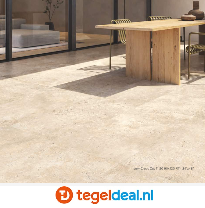Supergres Astrum, IVORY Cross Cut, 60x120x2 cm T_20, travertin-look terrastegels 