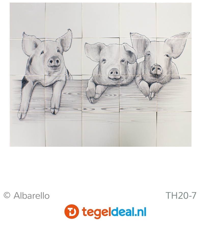 Diverse varkens op een handbeschilderd tableau, 13x13 cm  