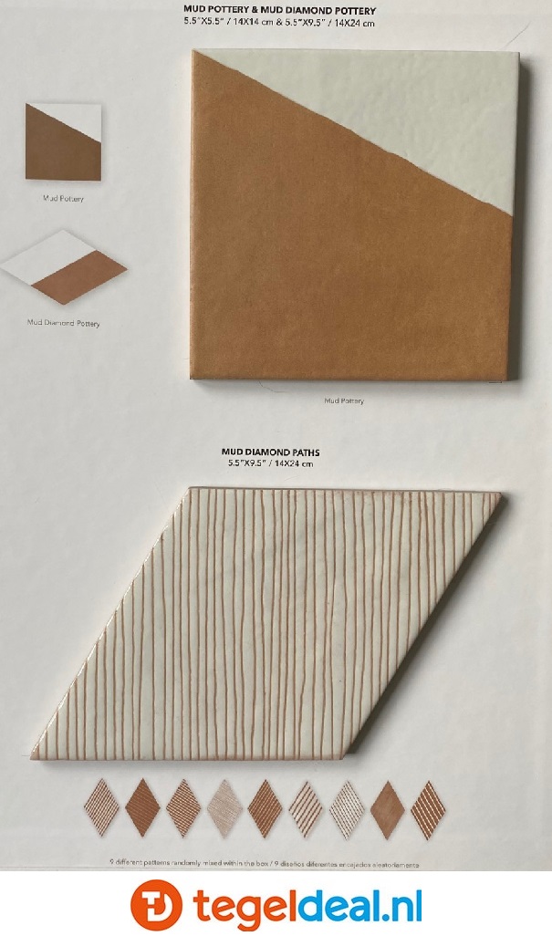 WOW Design, Mud Diamond WOOD MID, 14x24 cm - ruitvorm houtlook tegels