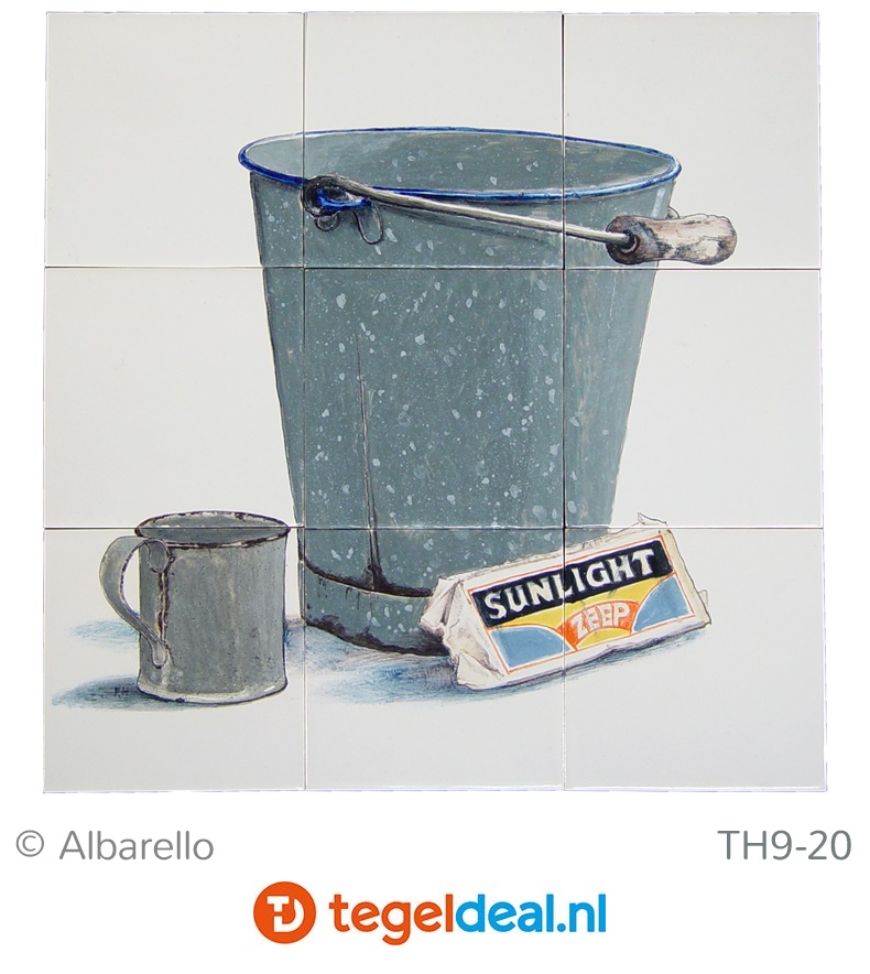 TH9-20  Emaille emmer en zeep, handbeschilderd tableau, 9 tegels / 13x13 cm 