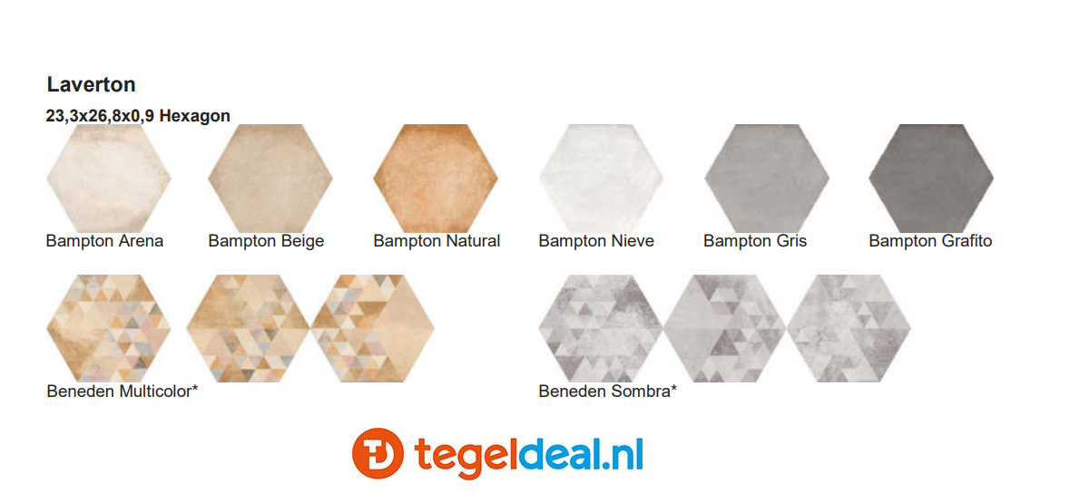 VLT Vives Laverton Hexagon, 23x26,6 cm terracotta-look, 6 uni kleuren en 2 decors 