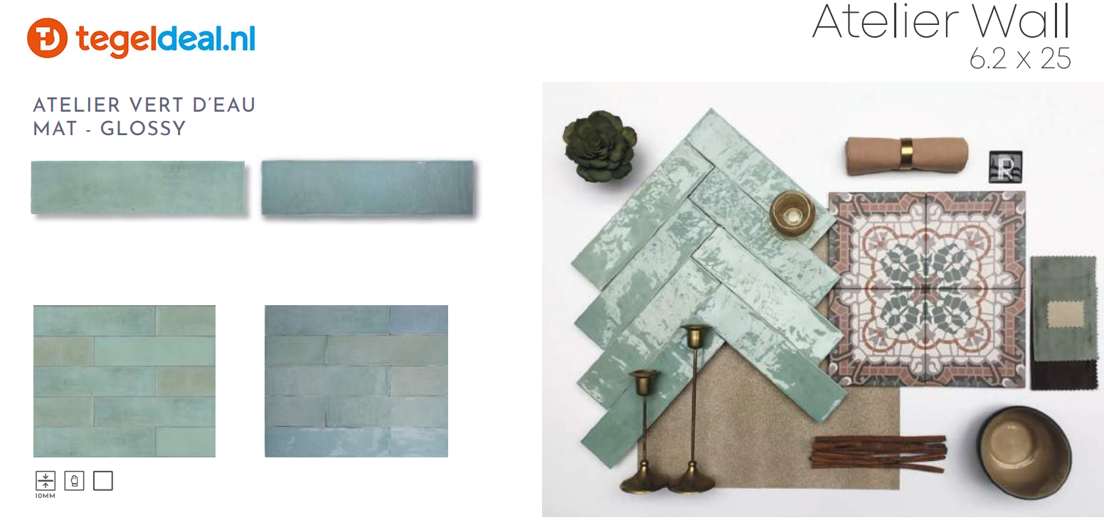 Revoir Paris, Atelier Vert d'Eau, 6,2x25 cm mat, handvorm wandtegels Revoir Paris, Atelier Vert d'Eau, 6,2x25 cm mat, handvorm wandtegels