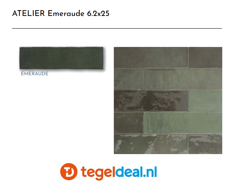 ACTIE - Revoir Paris, Atelier Vert Emeraude, 6,2x25 cm glans, handvorm wandtegels OP VOORRAAD ACTIE - Revoir Paris, Atelier Vert Emeraude, 6,2x25 cm glans, handvorm wandtegels OP VOORRAAD