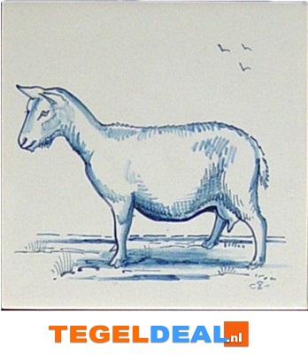TH1-5 L koe, blauw, Boerderijdieren, 13 x 13 cm, handbeschilderd