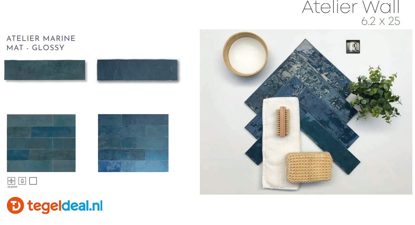 Revoir Paris, Atelier Bleu Marine, 6,2x25 cm glans, handvorm wandtegels Revoir Paris, Atelier Bleu Marine, 6,2x25 cm glans, handvorm wandtegels