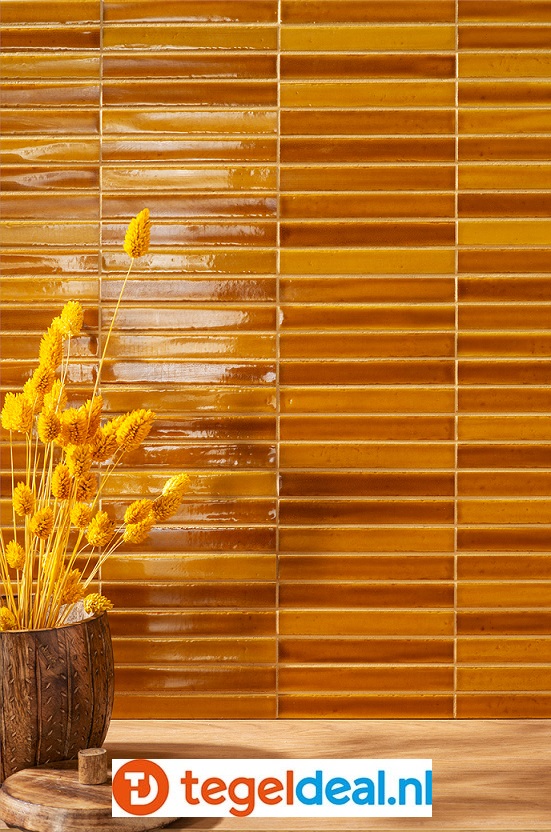 Short Stick Crackle Mustard, 2x15 cm, handvorm mozaïek wandtegels