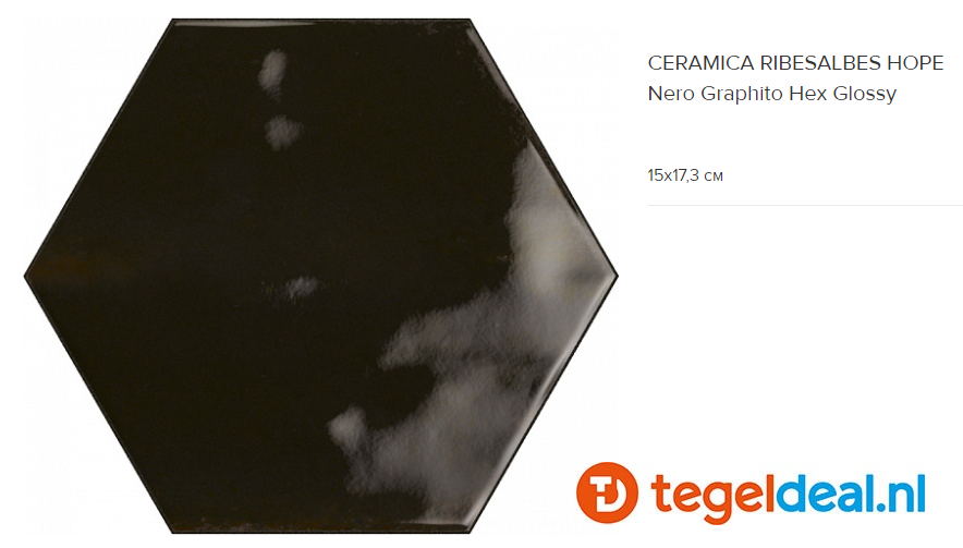 Ribesalbes Hope NERO GRAPHITO glans, 15x17,3 cm hexagon wandtegels