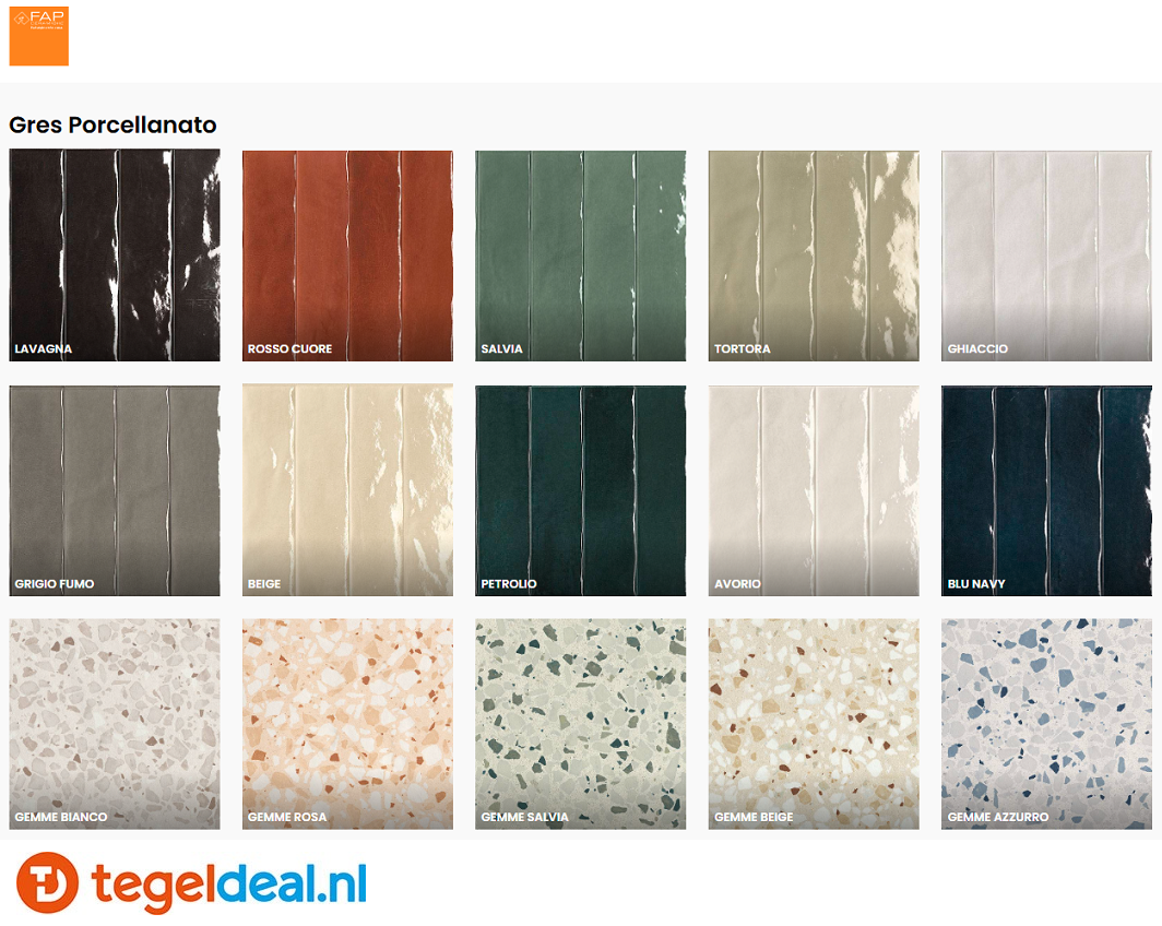 FAP, Glim, kleurrijke wandtegels en terrazzo-effect tegels