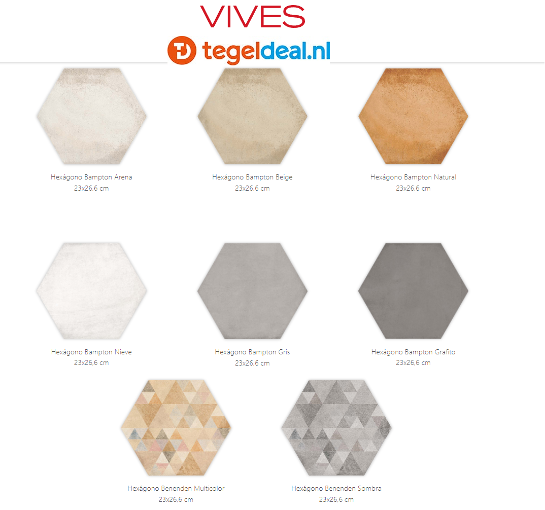 VLT Vives Laverton Hexagon, 23x26,6 cm terracotta-look, 6 uni kleuren en 2 decors 