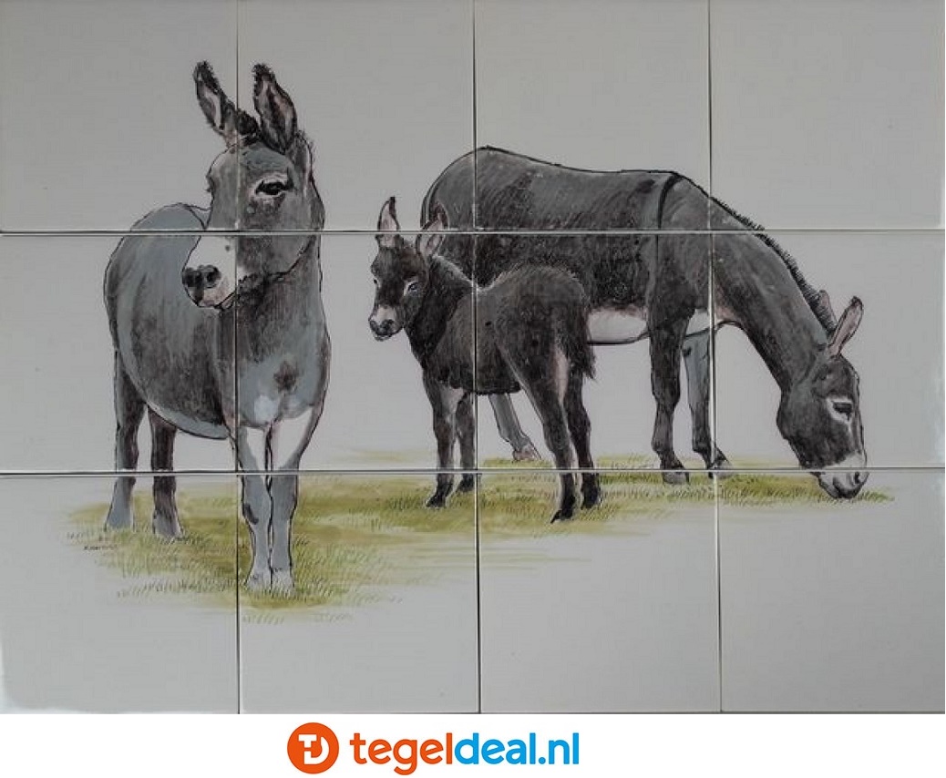 TH12 Ezel familie: 2 ezels met hun veulen, handbeschilderd tableau, 12 tegels / 13x13 cm 