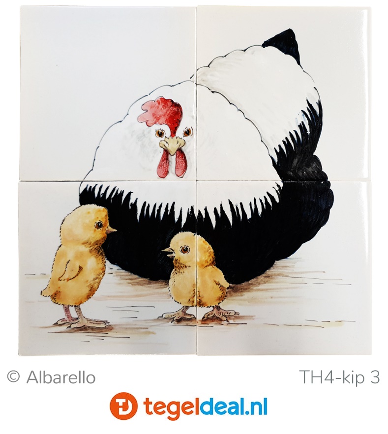 Diverse Kippen, haan, kuikens op een handbeschilderd tableau, 13x13 cm
