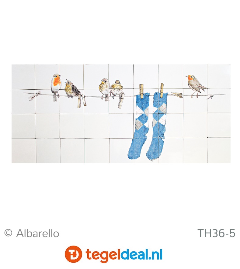TH36-5  Roodborstjes op waslijn met sokken, handbeschilderd tableau, 36 tegels / 13x13 cm