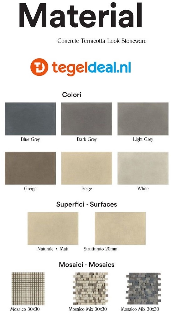 Marazzi Material, betonlook tegels - 6 kleuren - 5 formaten