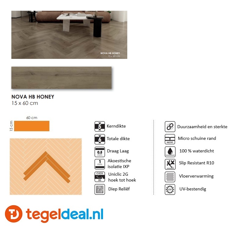 NOVA HONEY HB Plank, 15x60x0,6 cm, Rigid SPC Click Vloer   