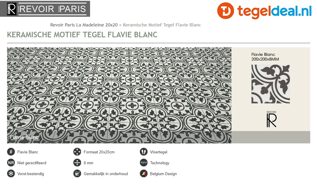 Revoir Paris, La Madeleine Flavie Blanc, 20x20 cm, patroontegels Revoir Paris, La Madeleine Flavie Blanc, 20x20 cm, patroontegels