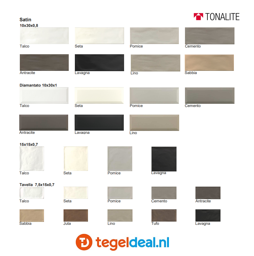 Tonalite, Satin, 10 kleuren en 4 formaten, wandtegels