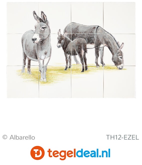 TH12 Ezel familie: 2 ezels met hun veulen, handbeschilderd tableau, 12 tegels / 13x13 cm 