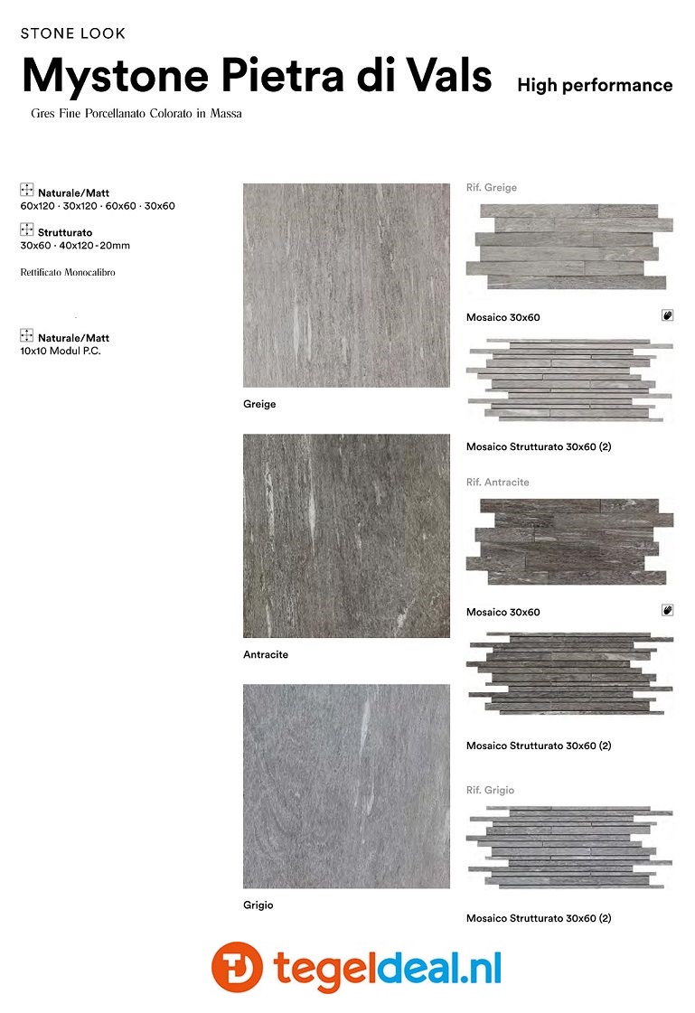 Marazzi, Mystone Pietra di Vals, kwartsietlook tegels - 3 kleuren - 6 formaten