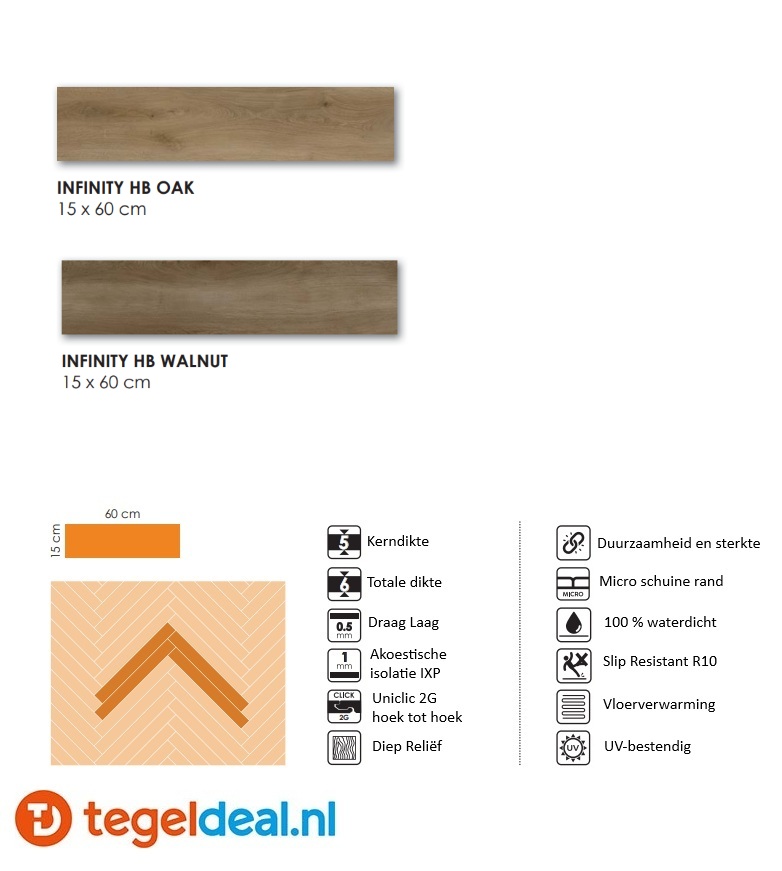 INFINITY HB WALNUT Plank, 15x60x0,6 cm, Rigid SPC Click Vloer    