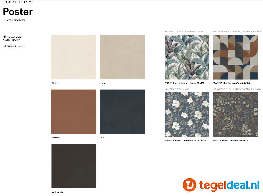 Marazzi Poster, betonlook en decortegels - 5 kleuren - 2 formaten 