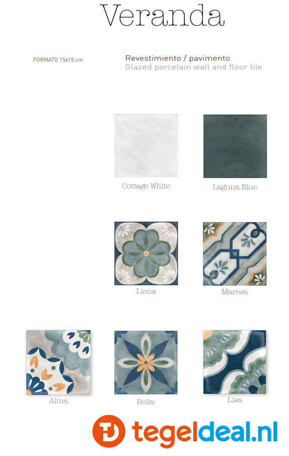 Nanda Tiles, Veranda, 15x15 cm, vintage patroontegels voor vloer en wand 
