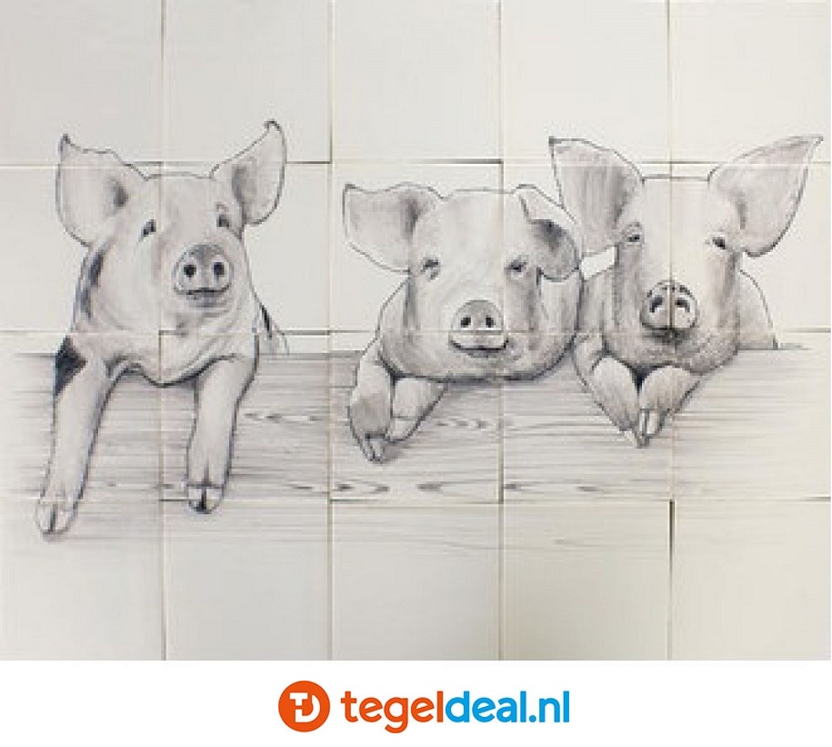 Diverse varkens op een handbeschilderd tableau, 13x13 cm  