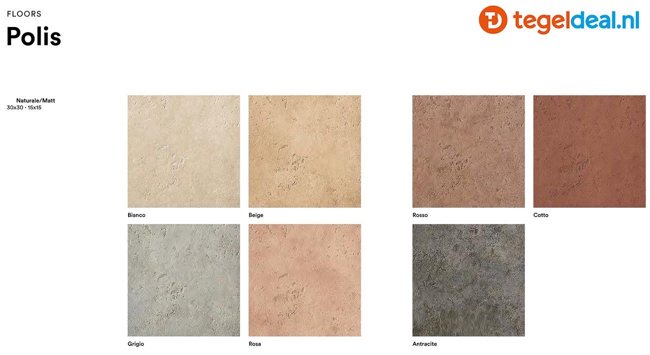 Marazzi Polis, terracottalook tegels - 7 kleuren - 2 afmetingen