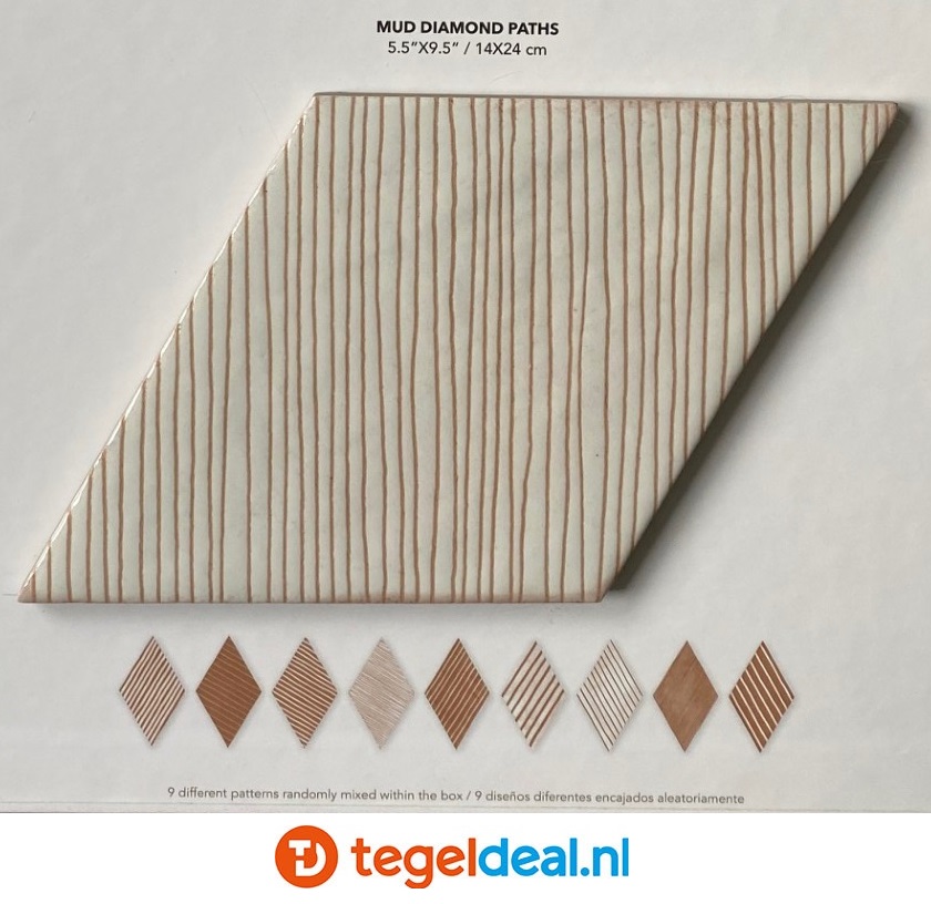 WOW Design, Mud Diamond WOOD MID, 14x24 cm - ruitvorm houtlook tegels