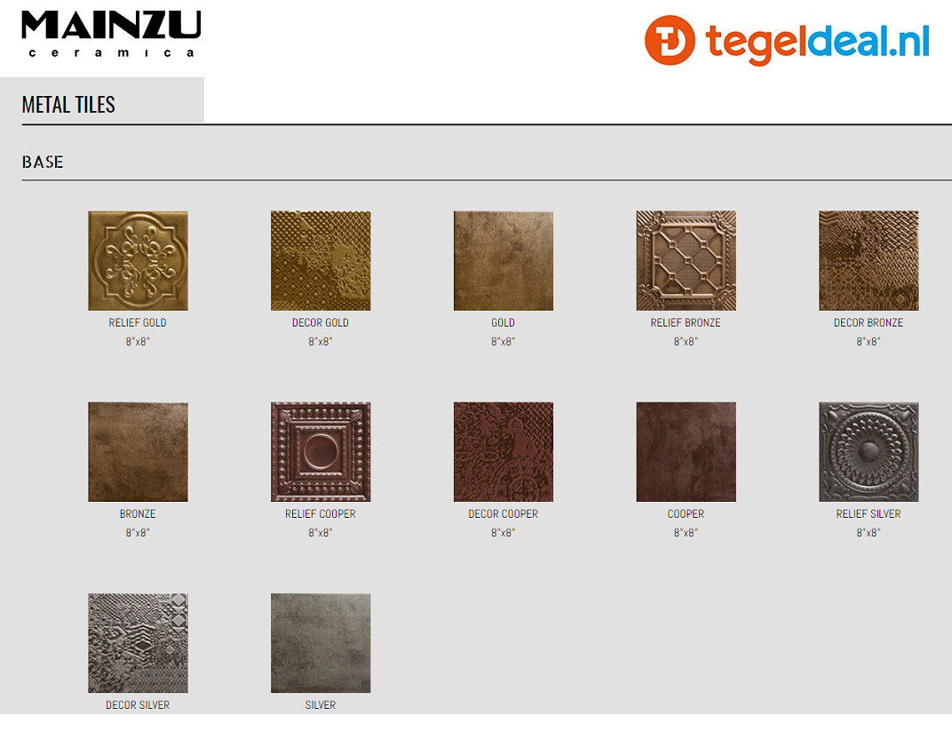Mainzu, Metal Tiles, 20x20 cm, reliëf wandtegels Mainzu, Metal Tiles, 20x20 cm, reliëf wandtegels