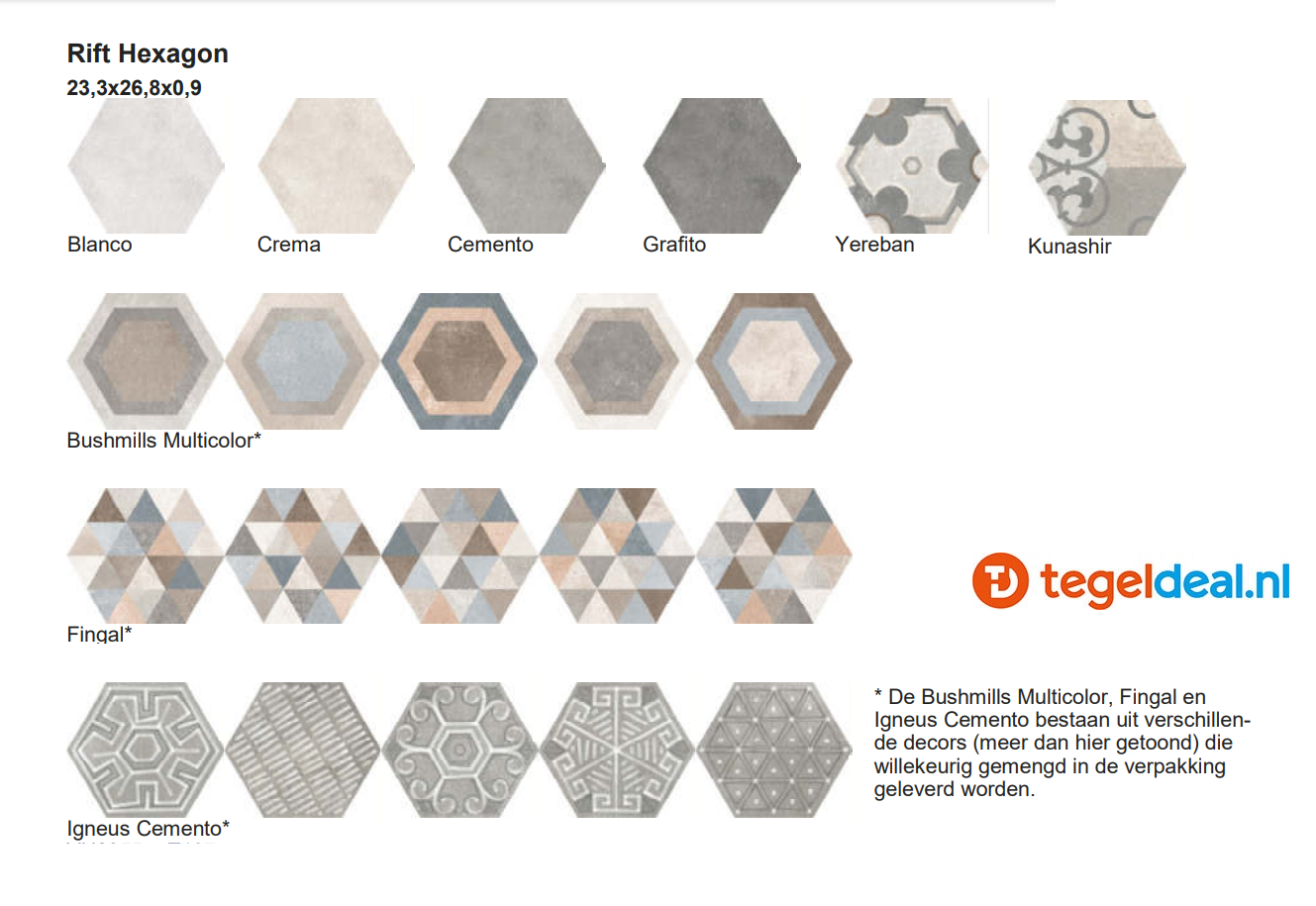 VLT Vives Rift, 23x26,6 cm hexagon, 4 uni kleuren 