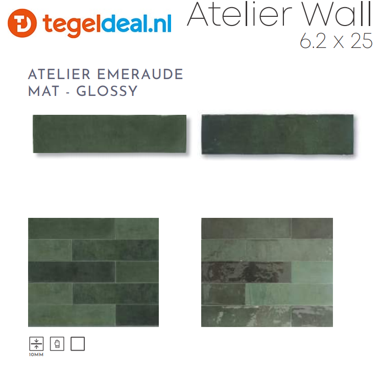 Revoir Paris, Atelier Vert Emeraude, 6,2x25 cm mat, handvorm wandtegels Revoir Paris, Atelier Vert Emeraude, 6,2x25 cm mat, handvorm wandtegels