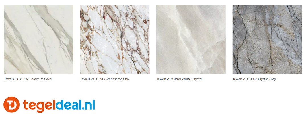 Mirage Jewels 2.0, maar liefst 20! tinten marmerlook wand- en vloertegels v.a. €35,00/m2, 60x60 cm, 60x120 cm, 120x120 cm