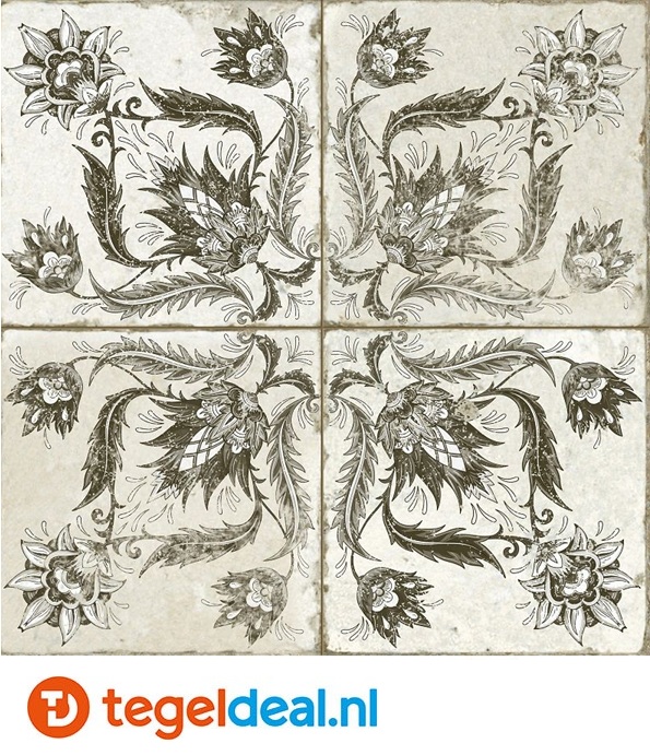 Peronda, Fs Ivy Black, 45x45 cm, vintage patroontegels