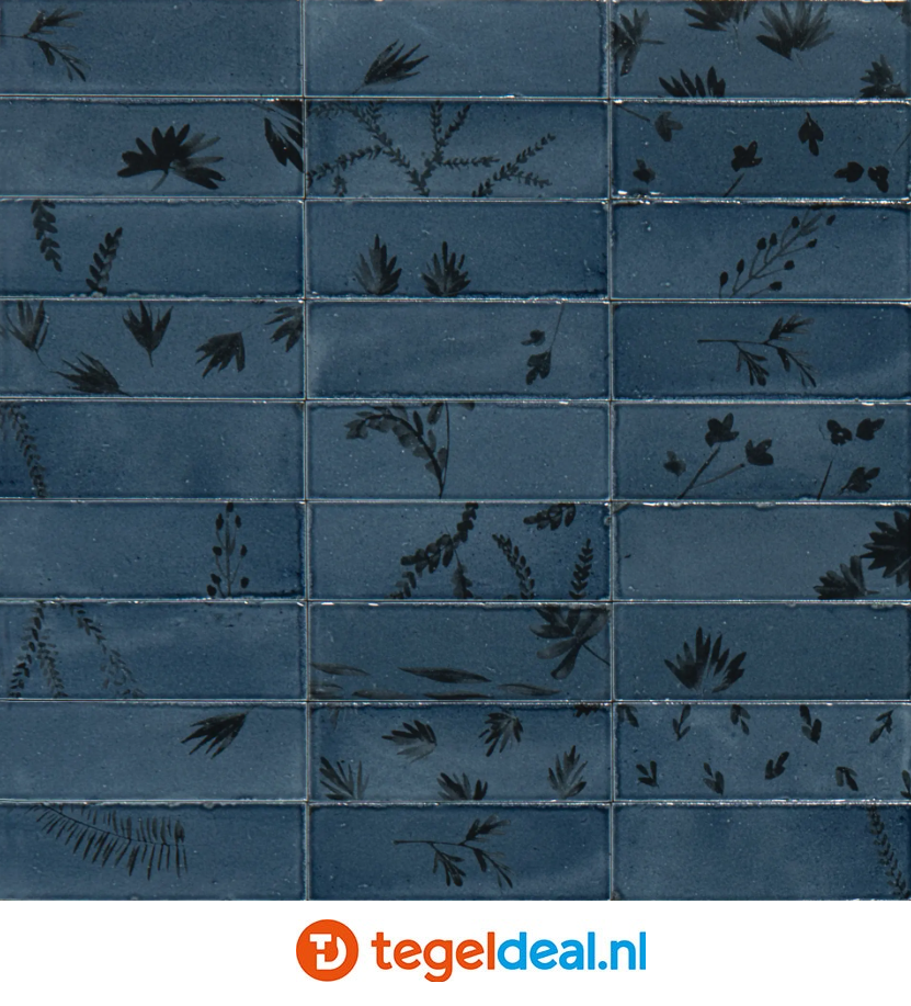 Marazzi Rice BLU, 5x15 cm Decoro Leaf, M96W, handvorm wandtegels