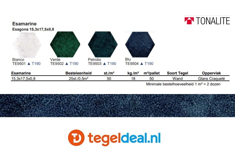 Tonalite, Esamarine, 16,2x18,5 cm, hexagon wandtegels Tonalite, Esamarine, 16,2x18,5 cm, hexagon wandtegels