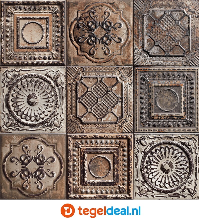 Mainzu, Tin Tile en Rusty,  20x20 cm, reliëf wandtegels 