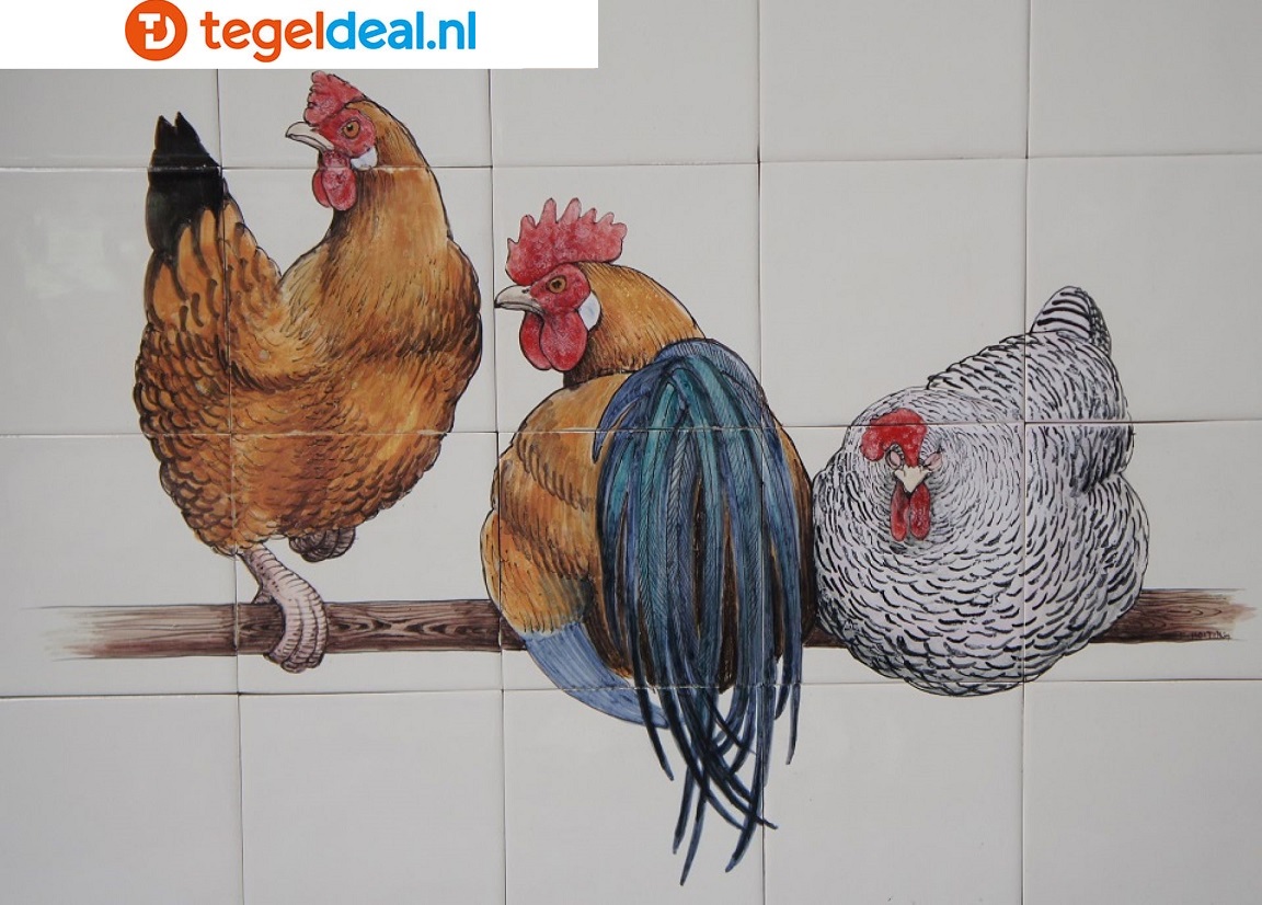Diverse Kippen, haan, kuikens op een handbeschilderd tableau, 13x13 cm