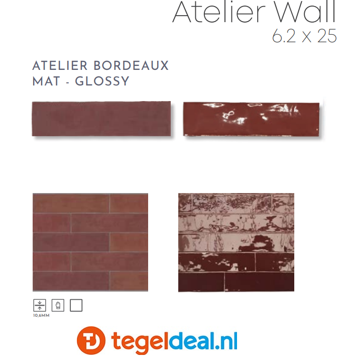 Revoir Paris, Atelier Bordeaux, 6,2x25 cm glans, handvorm wandtegels Revoir Paris, Atelier Bordeaux, 6,2x25 cm glans, handvorm wandtegels