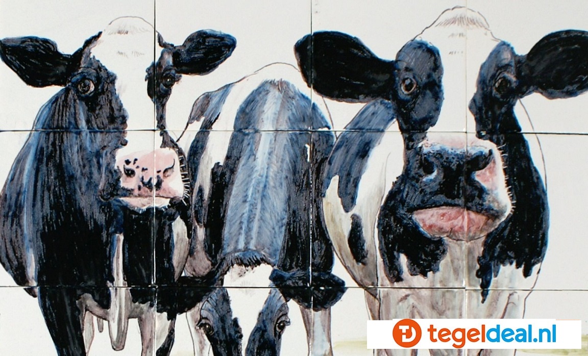 TH12-17  Koeien in de wei, handbeschilderd tableau, 12 tegels / 13x13 cm 