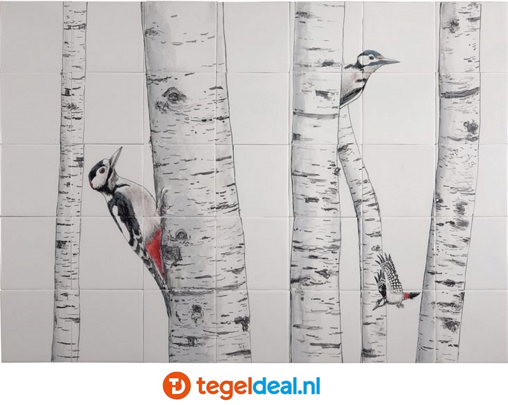 TH35-6  Spechten op berkenboom, handbeschilderd tableau, 35 tegels / 13x13 cm 