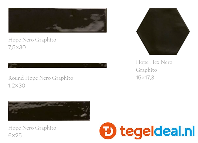 Ribesalbes Hope NERO GRAPHITO glans, 15x17,3 cm hexagon wandtegels