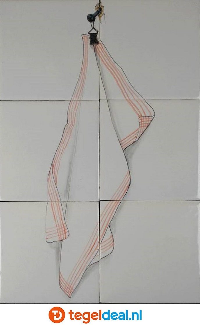 TH6- Handdoek aan spijker, handbeschilderd tableau, 6 tegels / 13x13 cm 