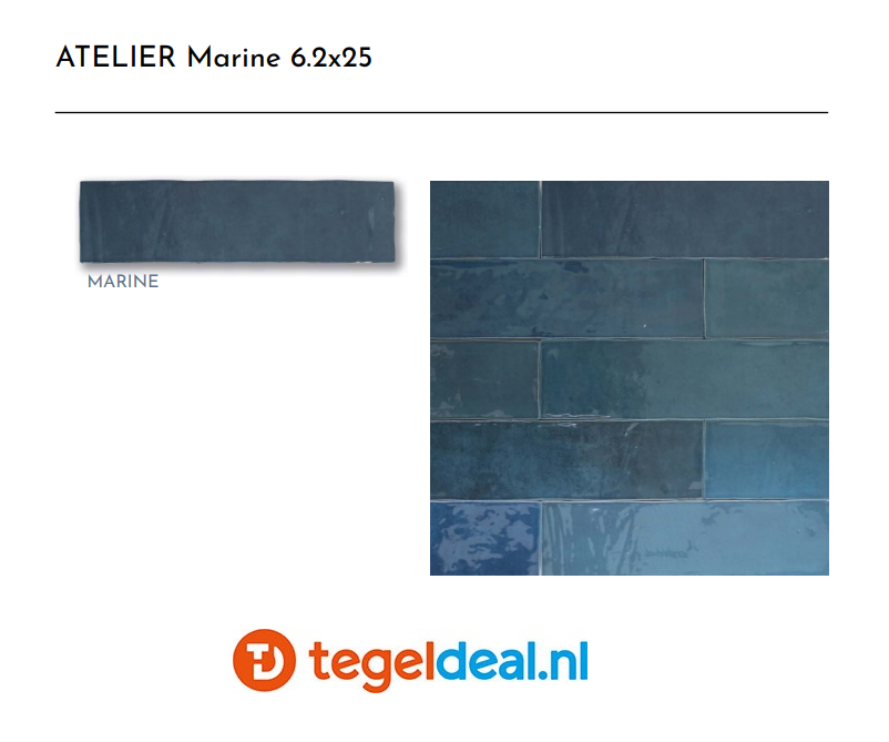 Revoir Paris, Atelier Bleu Marine, 6,2x25 cm glans, handvorm wandtegels Revoir Paris, Atelier Bleu Marine, 6,2x25 cm glans, handvorm wandtegels