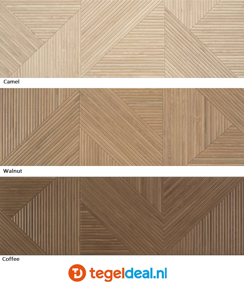 Colorker, Tangram Walnut en Coffee, 31,6x100 cm, reliëf wand- decortegel 