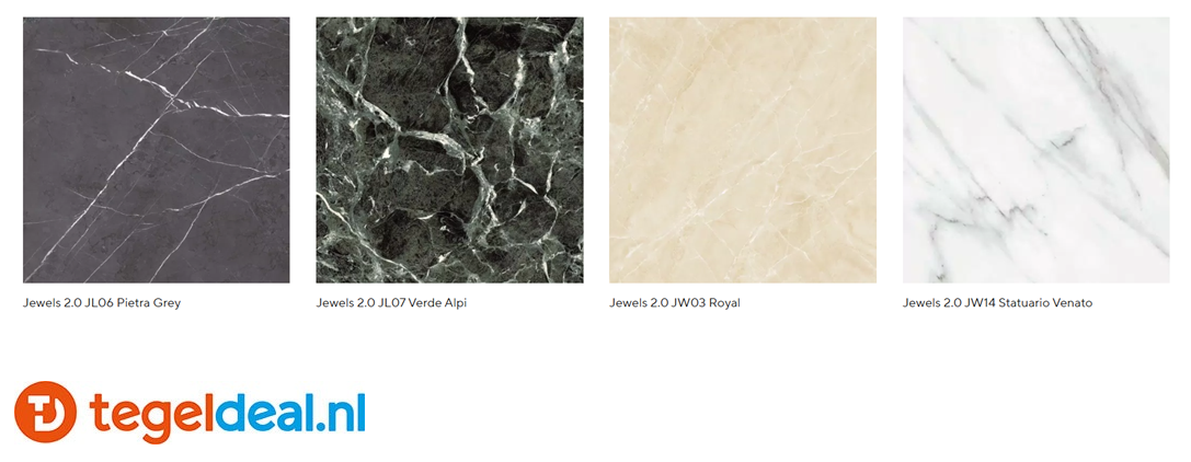Mirage Jewels 2.0, maar liefst 20! tinten marmerlook wand- en vloertegels v.a. €35,00/m2, 60x60 cm, 60x120 cm, 120x120 cm