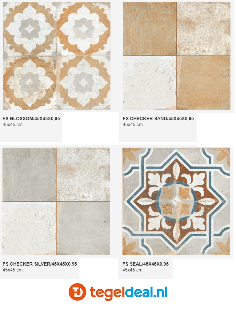 Peronda, Fs Clay: Blossom - Checker - Seal, 45x45 cm, 4 kleuren, patroontegels 